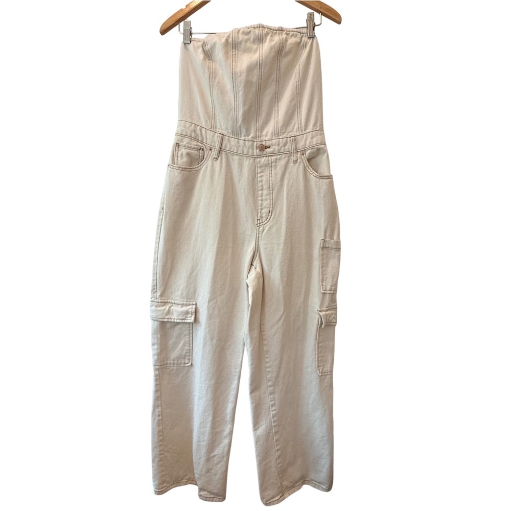 Smocked Baggy Barrel Leg Western Festival Jumpsuit Cream Strapless Denim Cargo M